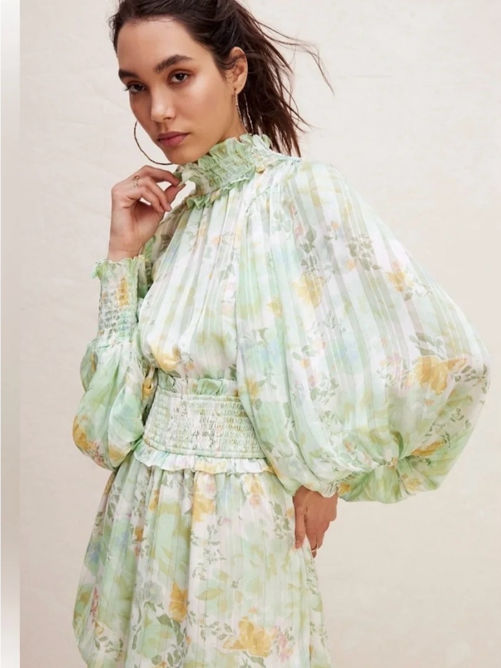 Elliatt Ophelia Smocked Waist High-Neck Long Sleeve Romper in Light Green Floral